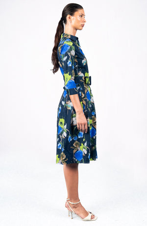 Audrey Dress #1 Shirt Collar 3/4 Sleeve Long Length Cotton Stretch (Viner Rose Dark)