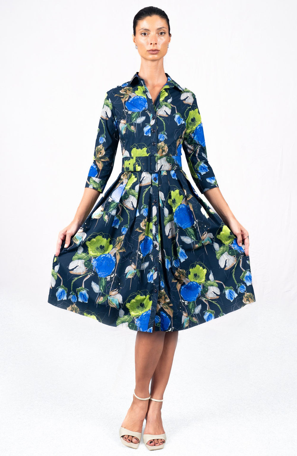 Audrey Dress #1 Shirt Collar 3/4 Sleeve Long Length Cotton Stretch (Viner Rose Dark)