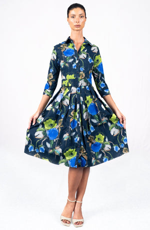 Audrey Dress #1 Shirt Collar 3/4 Sleeve Long Length Cotton Stretch (Viner Rose Dark)