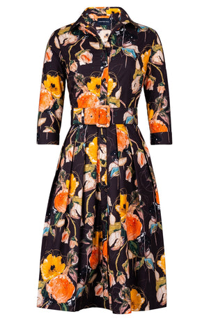 Audrey Dress #1 Shirt Collar 3/4 Sleeve Long Length Cotton Stretch (Viner Rose Dark)