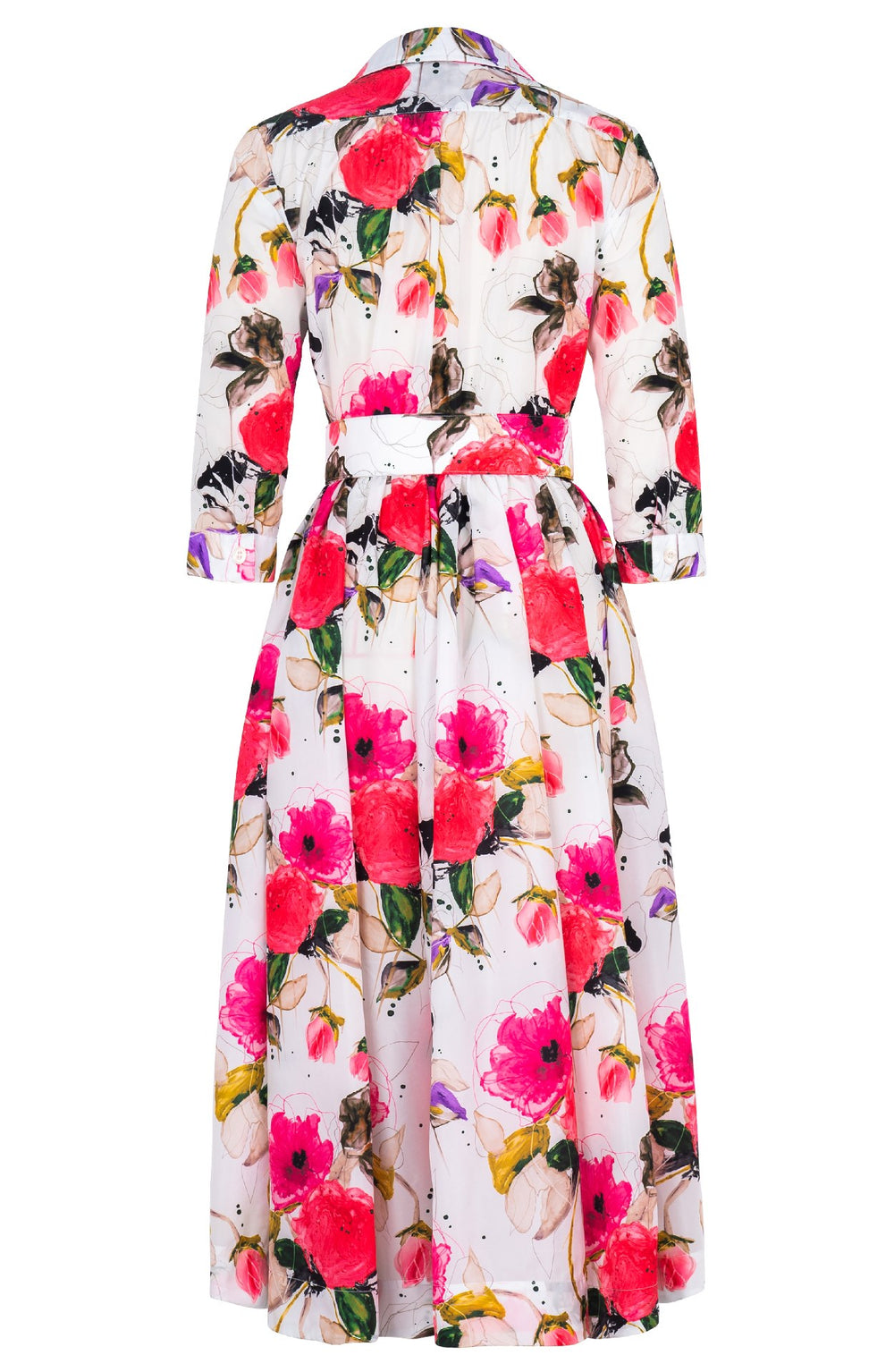 Terry Dress Shirt Collar 3/4 Sleeve Midi Plus Length Poliamide Taffta (Viner Rose White)
