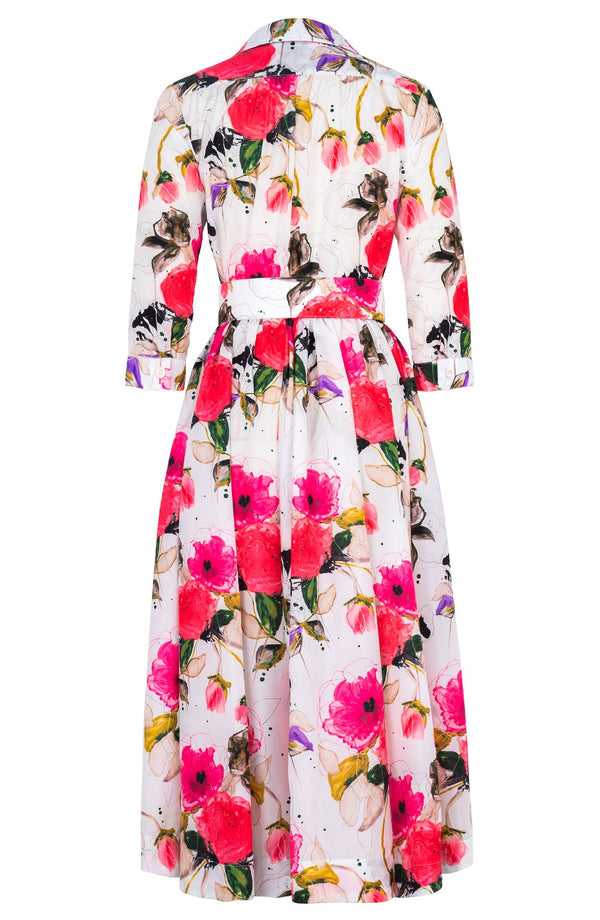 Terry Dress Shirt Collar 3/4 Sleeve Midi Plus Length Poliamide Taffta (Viner Rose White)