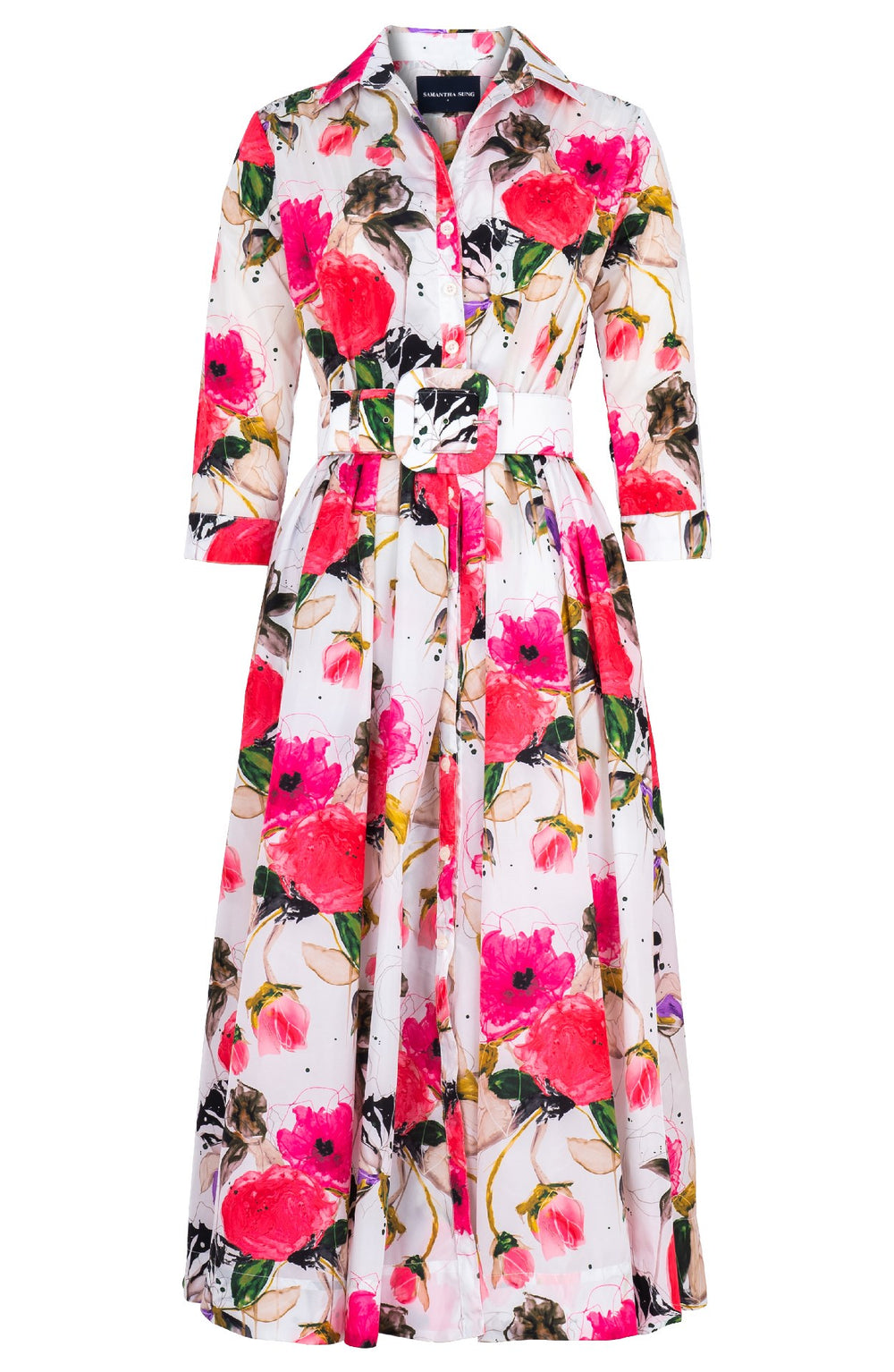 Terry Dress Shirt Collar 3/4 Sleeve Midi Plus Length Poliamide Taffta (Viner Rose White)