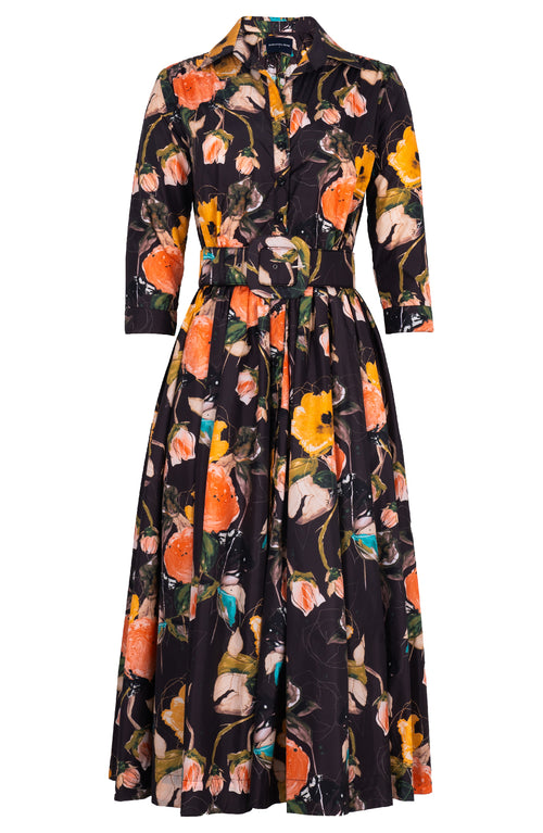 Terry Dress Shirt Collar 3/4 Sleeve Midi Plus Length Poliamide Taffta (Viner Rose Dark)