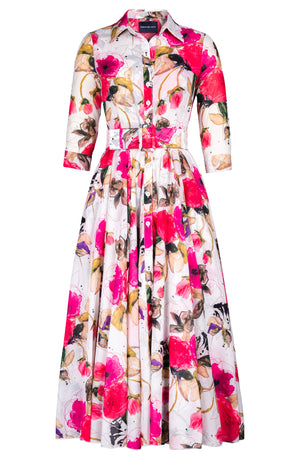 Aster Dress Shirt Collar 3/4 Sleeve Midi Plus Length Cotton Musola (Viner Rose White)