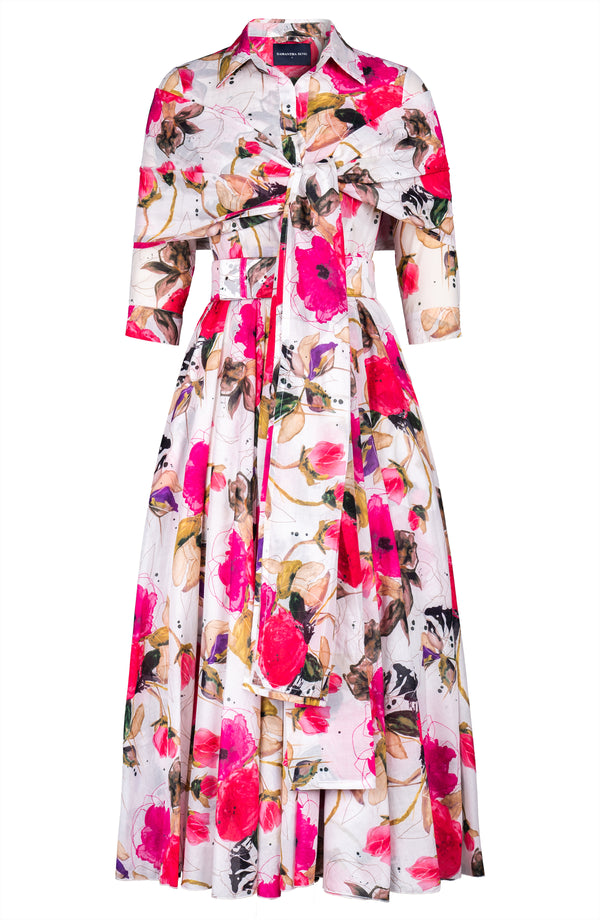 Aster Dress Shirt Collar 3/4 Sleeve Midi Plus Length Cotton Musola (Viner Rose White)