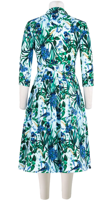 Audrey Dress #1 Shirt Collar 3/4 Sleeve Long Length Cotton Stretch (Vintage Iris)