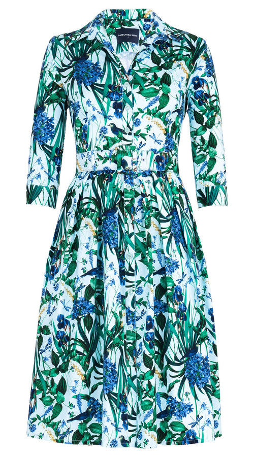 Audrey Dress #1 Shirt Collar 3/4 Sleeve Long Length Cotton Stretch (Vintage Iris)