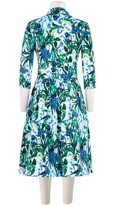 Audrey Dress #1 Shirt Collar 3/4 Sleeve Long Length Cotton Stretch (Vintage Iris)