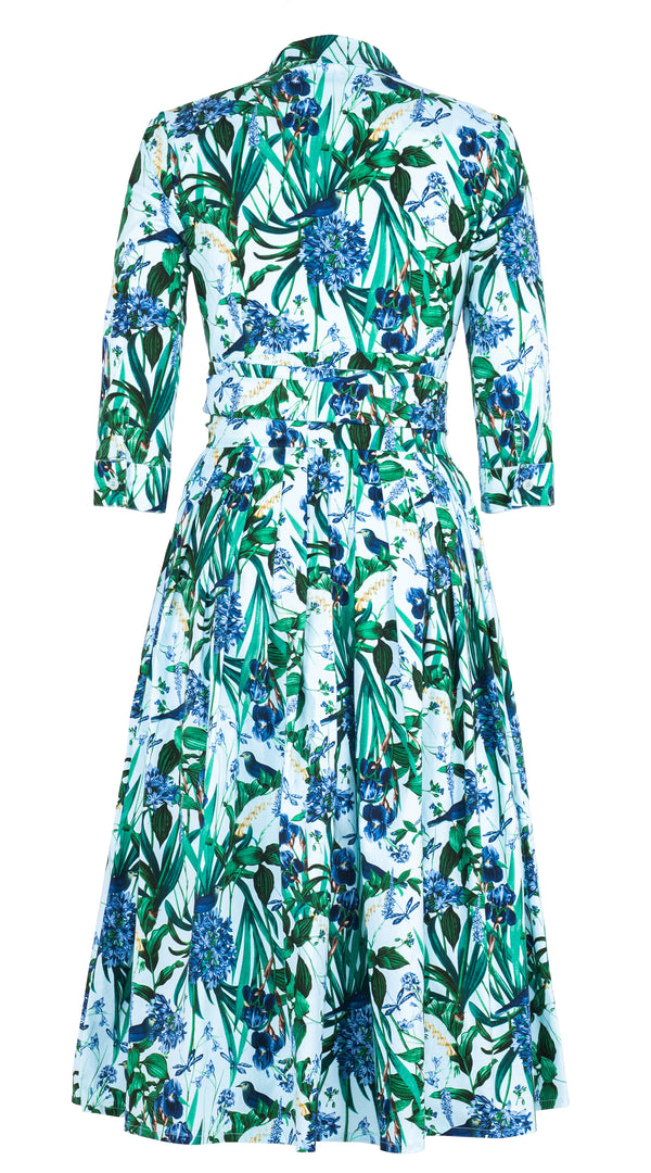 Audrey Dress #2 Shirt Collar 3/4 Sleeve Midi Length Cotton Stretch (Vintage Iris)