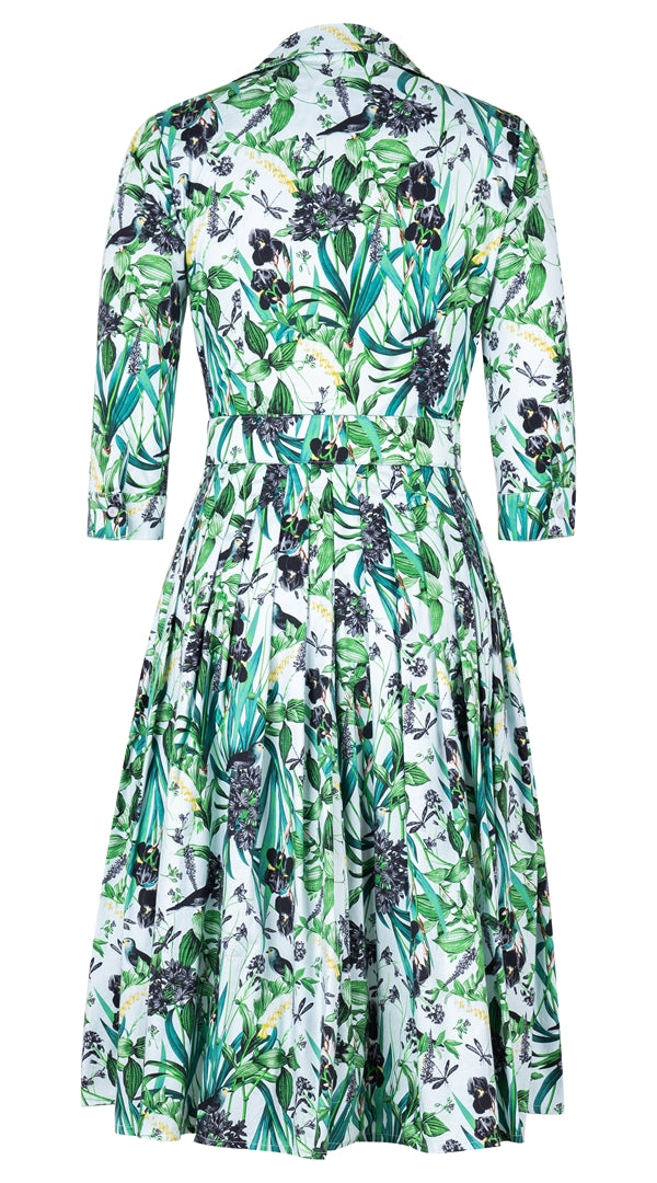 Audrey Dress #2 Shirt Collar 3/4 Sleeve Long Length Cotton Stretch (Vintage Iris)