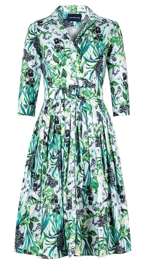 Audrey Dress #2 Shirt Collar 3/4 Sleeve Long Length Cotton Stretch (Vintage Iris)