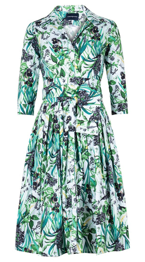 Audrey Dress #2 Shirt Collar 3/4 Sleeve Long Length Cotton Stretch (Vintage Iris)