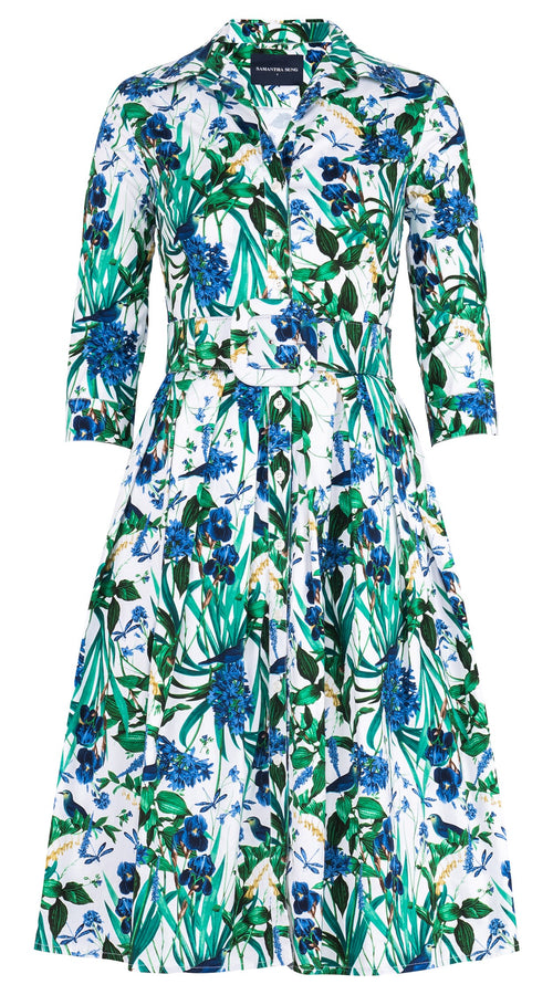 Audrey Dress #1 Shirt Collar 3/4 Sleeve Long Length Cotton Stretch (Vintage Iris)