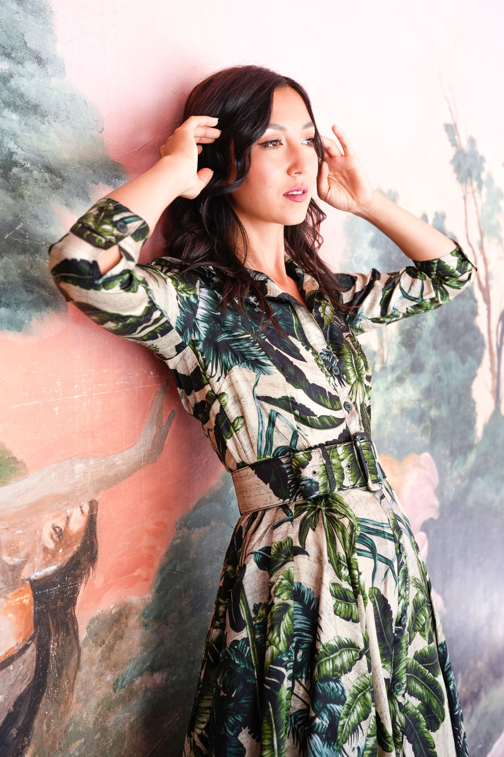 Aster Dress Shirt Collar 3/4 Sleeve Midi Plus Length Poliamide Taffta (Vintage Palm Beige)