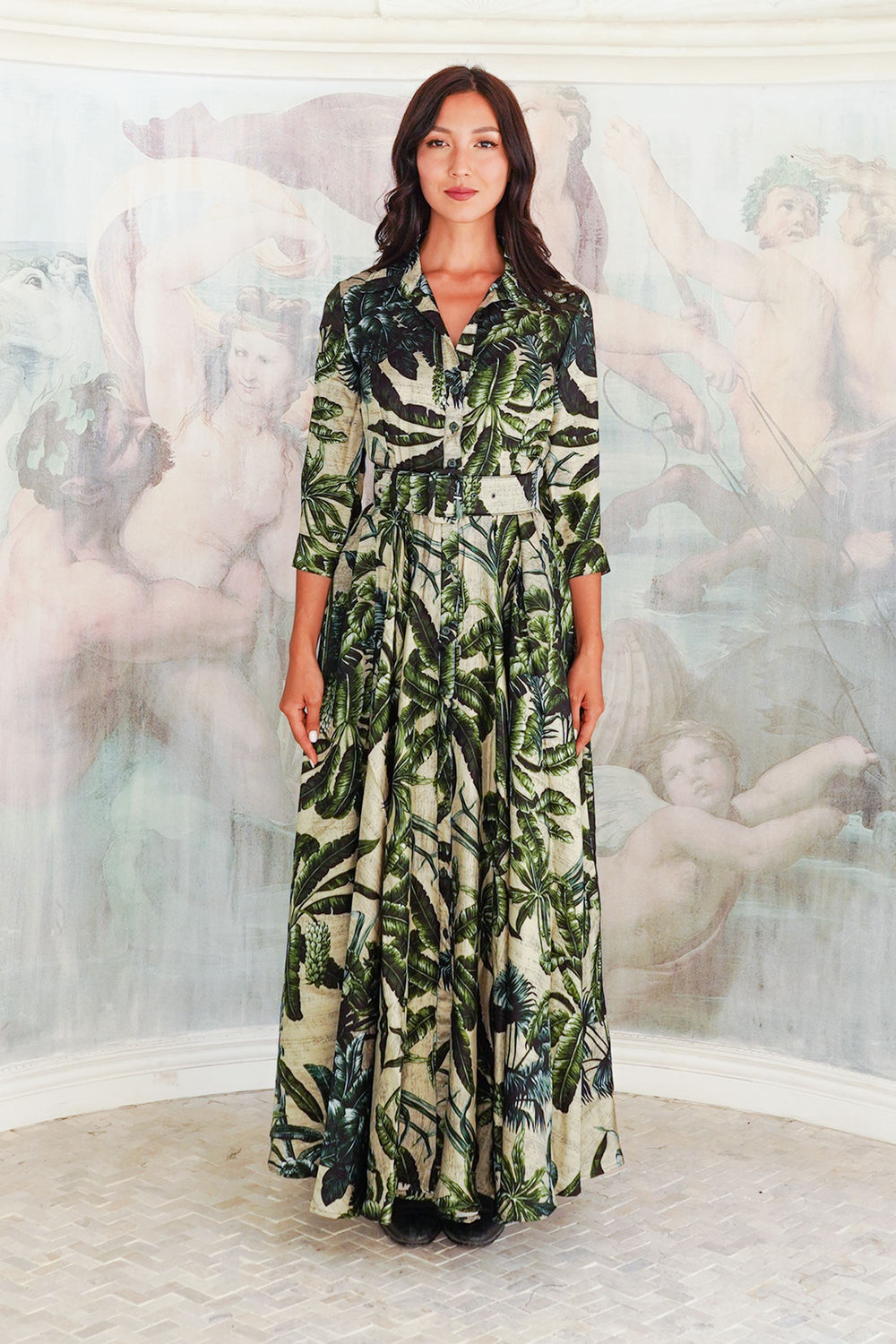 Aster Dress Shirt Collar 3/4 Sleeve Midi Plus Length Poliamide Taffta (Vintage Palm Beige)