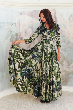 Aster Dress Shirt Collar 3/4 Sleeve Midi Plus Length Poliamide Taffta (Vintage Palm Beige)