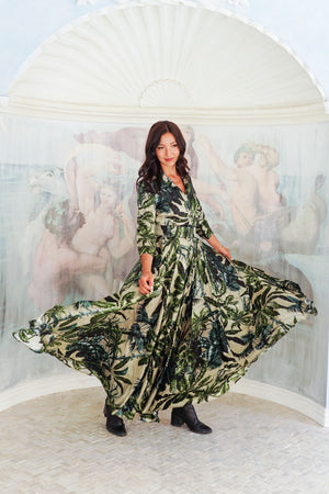 Aster Dress Shirt Collar 3/4 Sleeve Midi Plus Length Poliamide Taffta (Vintage Palm Beige)