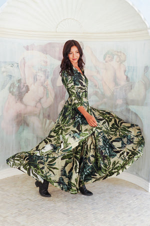 Aster Dress Shirt Collar 3/4 Sleeve Midi Plus Length Poliamide Taffta (Vintage Palm Beige)