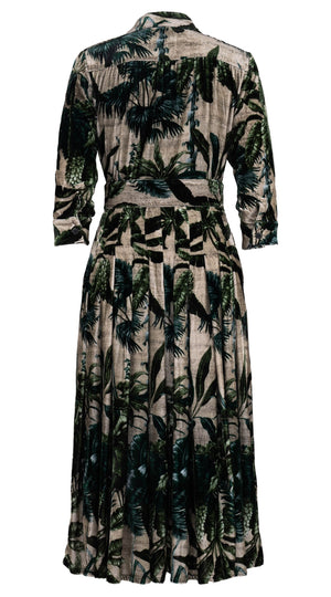 Audrey Dress #4 Shirt Collar 3/4 Sleeve Midi Length Silk Velvet (Vintage Palm Beige)