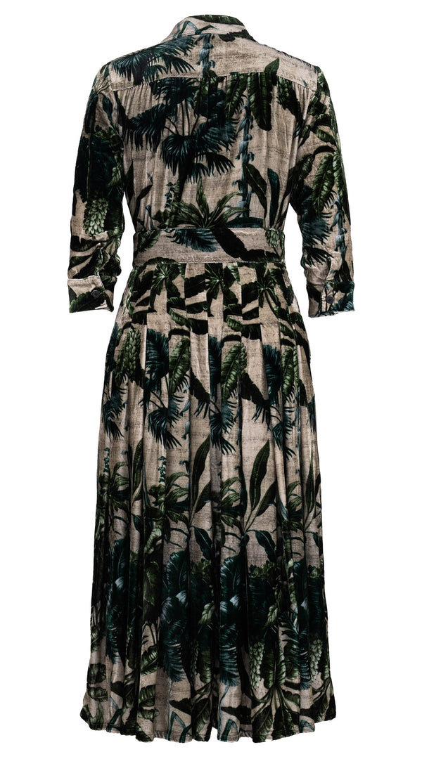 Audrey Dress #4 Shirt Collar 3/4 Sleeve Midi Length Silk Velvet (Vintage Palm Beige)