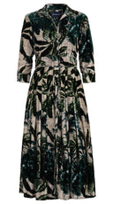 Audrey Dress #4 Shirt Collar 3/4 Sleeve Midi Length Silk Velvet (Vintage Palm Beige)