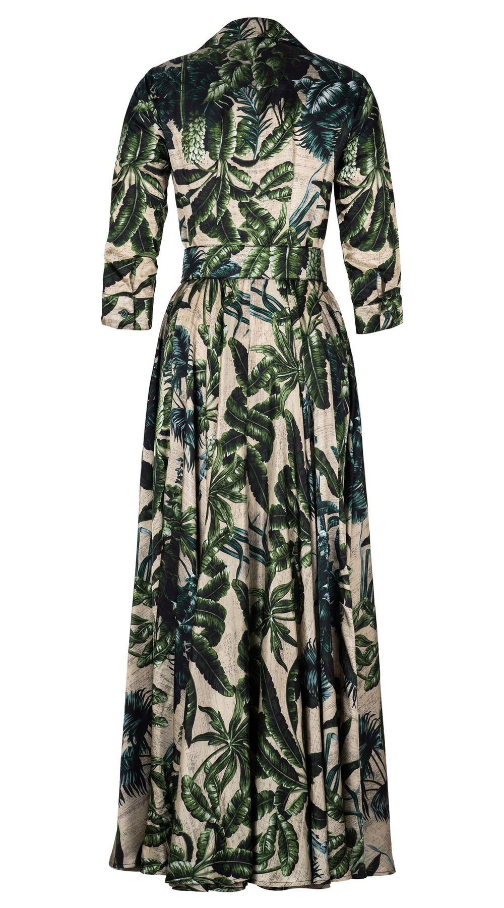 Aster Dress Shirt Collar 3/4 Sleeve Maxi Length Silk Twill  (Vintage Palm Beige) - Beige Green