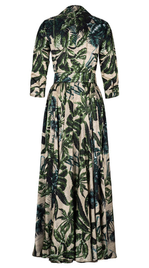 Aster Dress Shirt Collar 3/4 Sleeve Maxi Length Silk Twill  (Vintage Palm Beige) - Beige Green