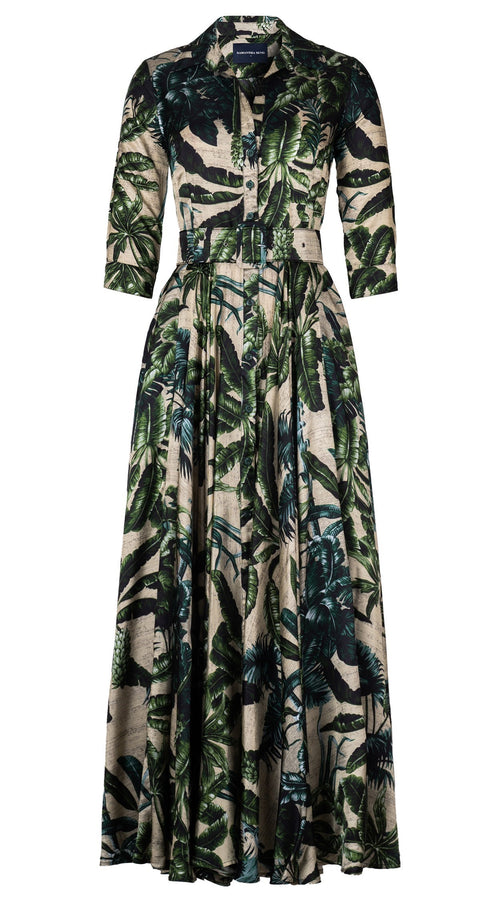 Aster Dress Shirt Collar 3/4 Sleeve Maxi Length Silk Twill  (Vintage Palm Beige) - Beige Green