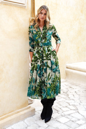 Audrey Dress #4 Shirt Collar 3/4 Sleeve Midi Length Wool (Vintage Palm) - Beige Green