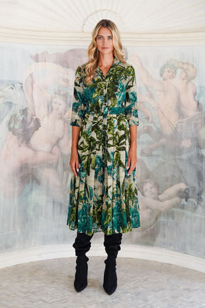 Audrey Dress #4 Shirt Collar 3/4 Sleeve Midi Length Wool (Vintage Palm) - Beige Green