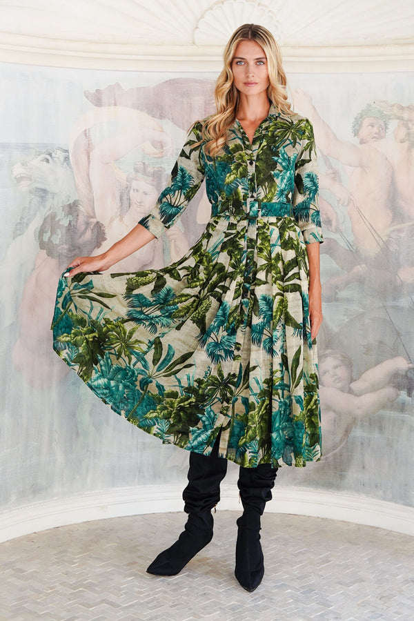 Audrey Dress #4 Shirt Collar 3/4 Sleeve Midi Length Wool (Vintage Palm) - Beige Green