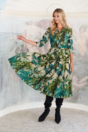 Audrey Dress #4 Shirt Collar 3/4 Sleeve Midi Length Wool (Vintage Palm) - Beige Green