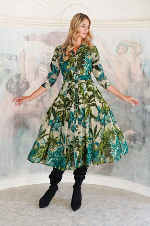 Audrey Dress #4 Shirt Collar 3/4 Sleeve Midi Length Wool (Vintage Palm) - Beige Green