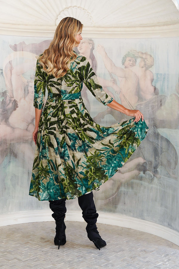 Audrey Dress #4 Shirt Collar 3/4 Sleeve Midi Length Wool (Vintage Palm) - Beige Green