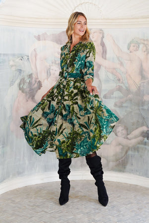 Audrey Dress #4 Shirt Collar 3/4 Sleeve Midi Length Wool (Vintage Palm) - Beige Green