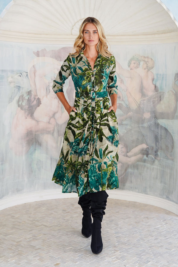 Audrey Dress #4 Shirt Collar 3/4 Sleeve Midi Length Wool (Vintage Palm) - Beige Green