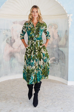 Audrey Dress #4 Shirt Collar 3/4 Sleeve Midi Length Wool (Vintage Palm) - Beige Green