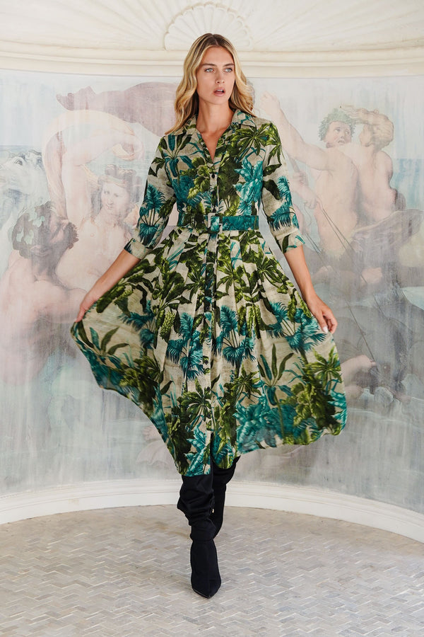 Audrey Dress #4 Shirt Collar 3/4 Sleeve Midi Length Wool (Vintage Palm) - Beige Green