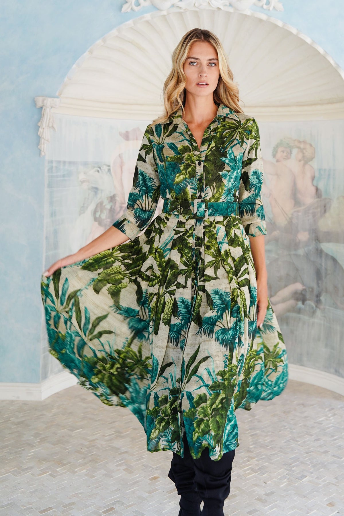 bohemian dress shirt Audrey #4 Collar 3/4 Sleeve Midi Length Wool (Vintage Palm White Size:1 - (US2-4) Ontempo-Uid_2B6BD576-C5B5-45C6-8CAA-F339BEF6E6E8 Navy Blue Modest Bridesmaid wearing a size XS.Style