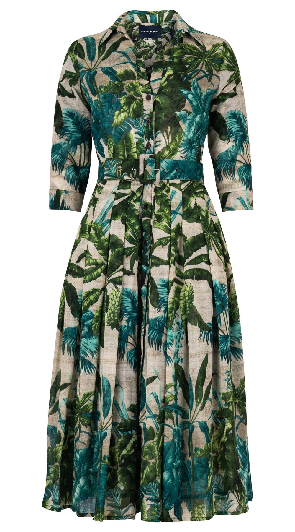 Audrey Dress #4 Shirt Collar 3/4 Sleeve Midi Length Wool (Vintage Palm Beige) - Beige Green