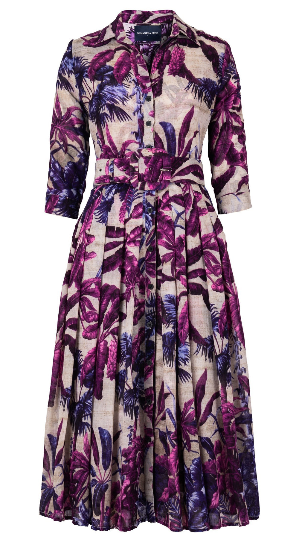 Audrey Dress #4 Shirt Collar 3/4 Sleeve Midi Length Wool (Vintage Palm Beige) - Beige Lilac