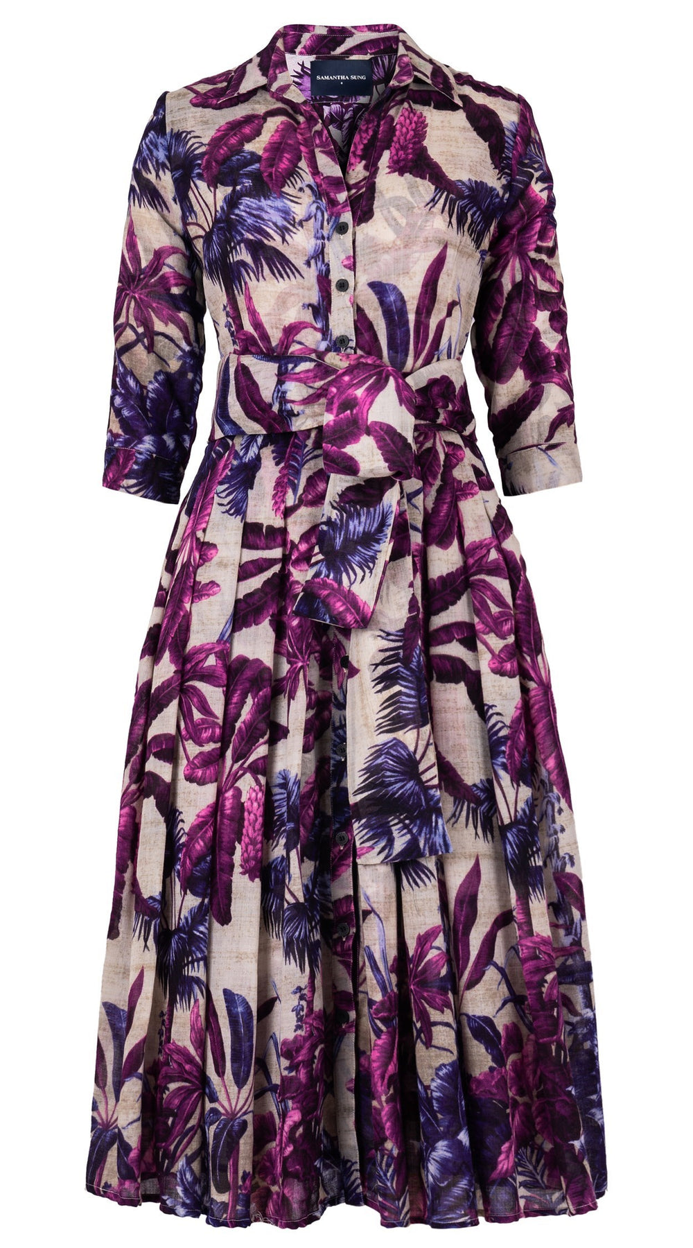 Audrey Dress #4 Shirt Collar 3/4 Sleeve Midi Length Wool (Vintage Palm Beige) - Beige Lilac