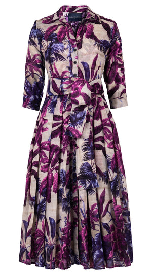 Audrey Dress #4 Shirt Collar 3/4 Sleeve Midi Length Wool (Vintage Palm Beige) - Beige Lilac