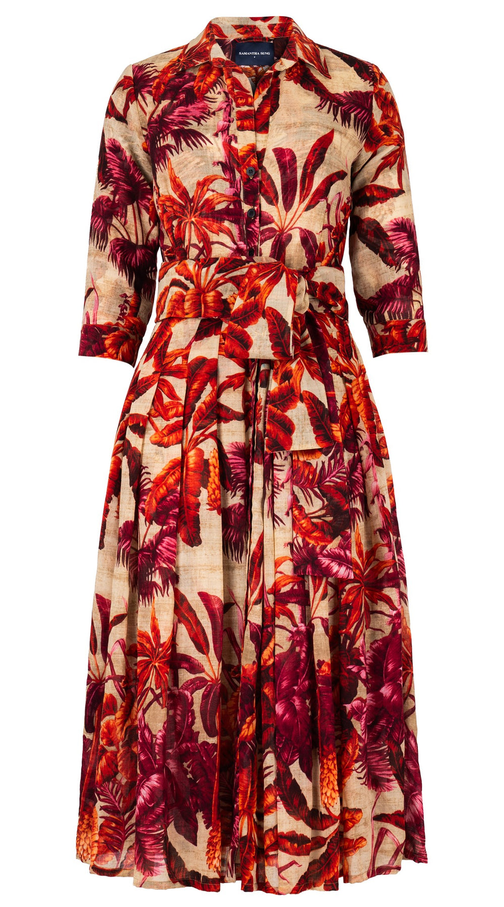 Audrey Dress #4 Shirt Collar 3/4 Sleeve Midi Length Wool (Vintage Palm Beige) - Beige Orange