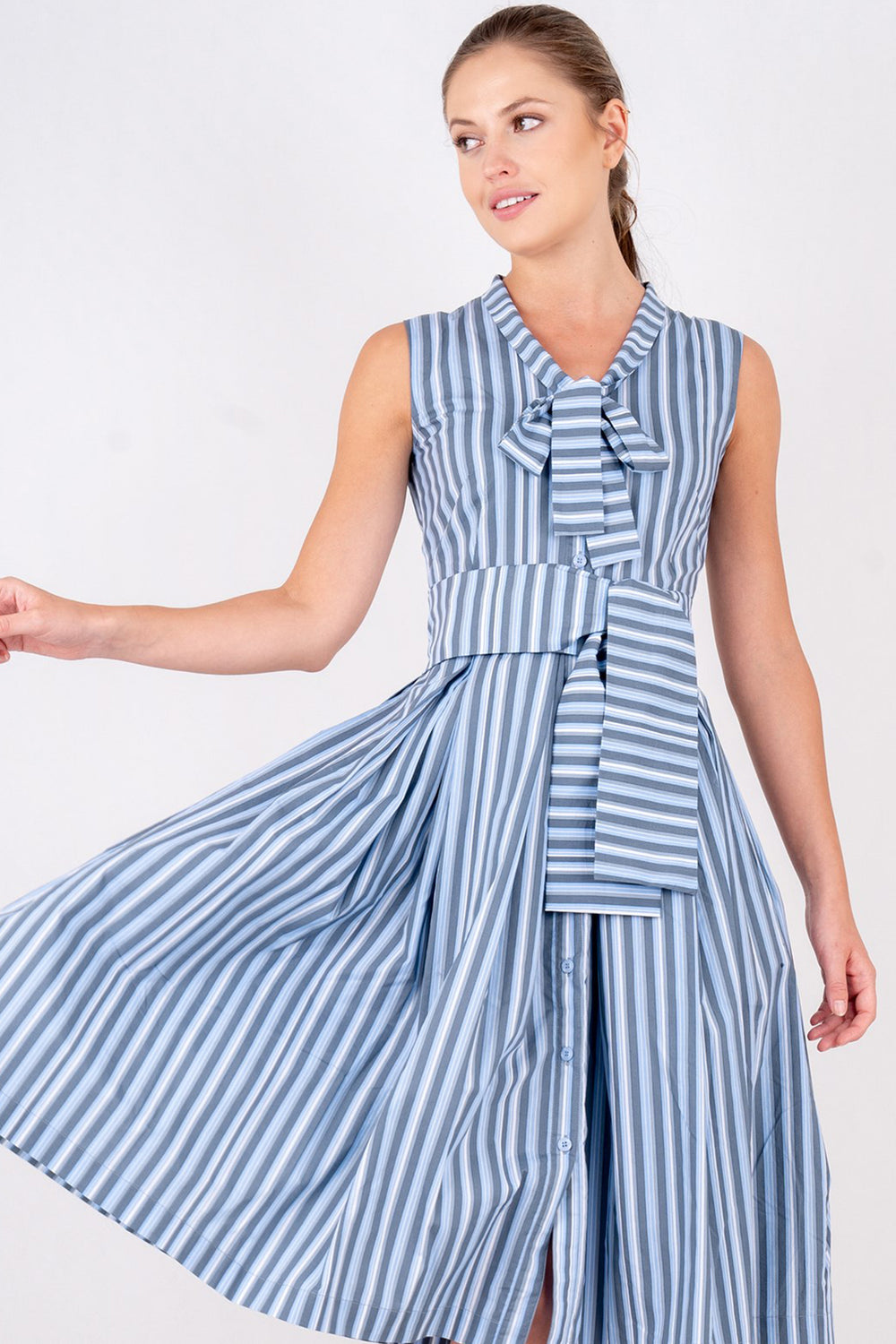 Audrey Dress #7 Tie Neck Sleeveless Long Length Poplin (Vintage Stripe)