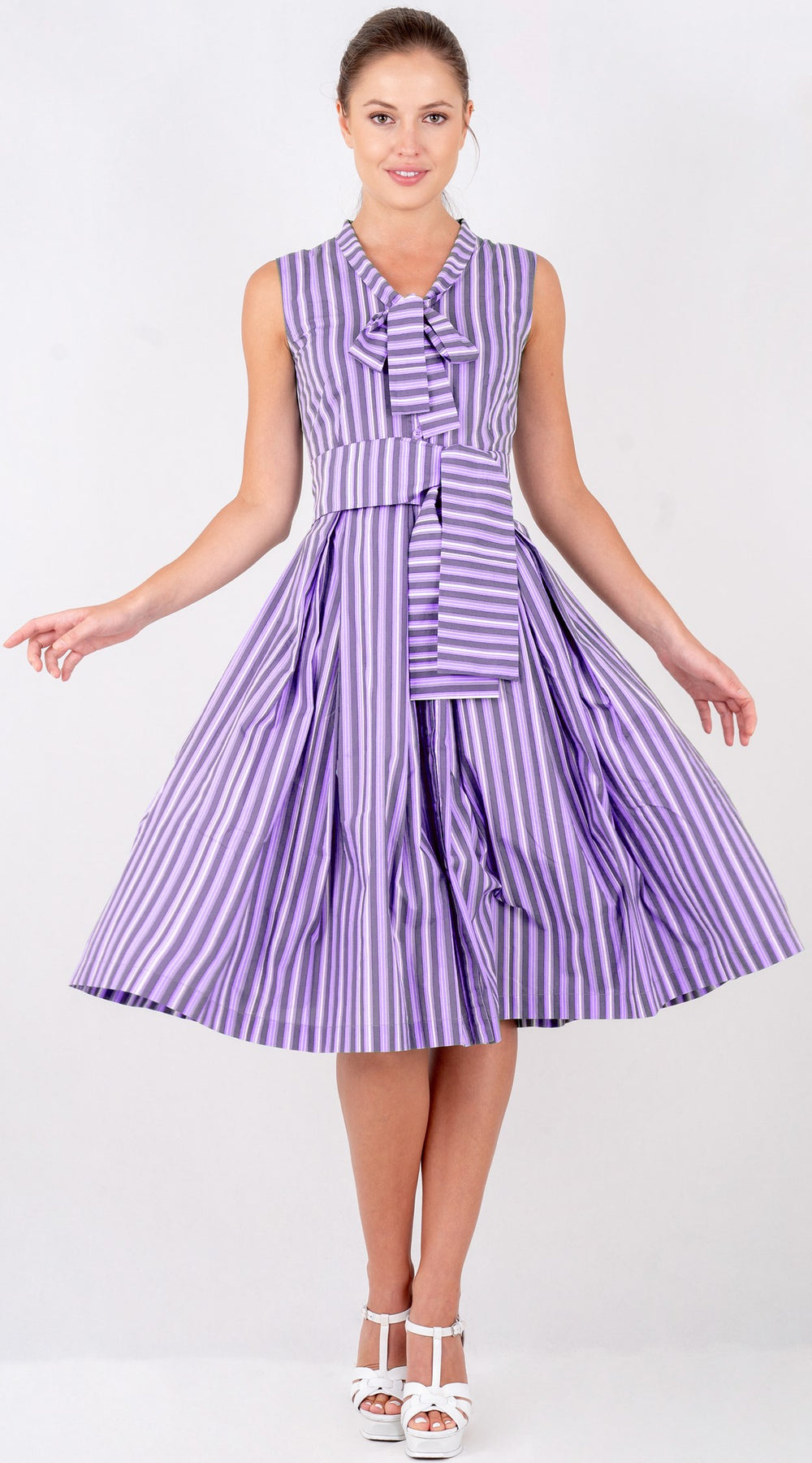 Audrey Dress #7 Tie Neck Sleeveless Long Length Poplin (Vintage Stripe)