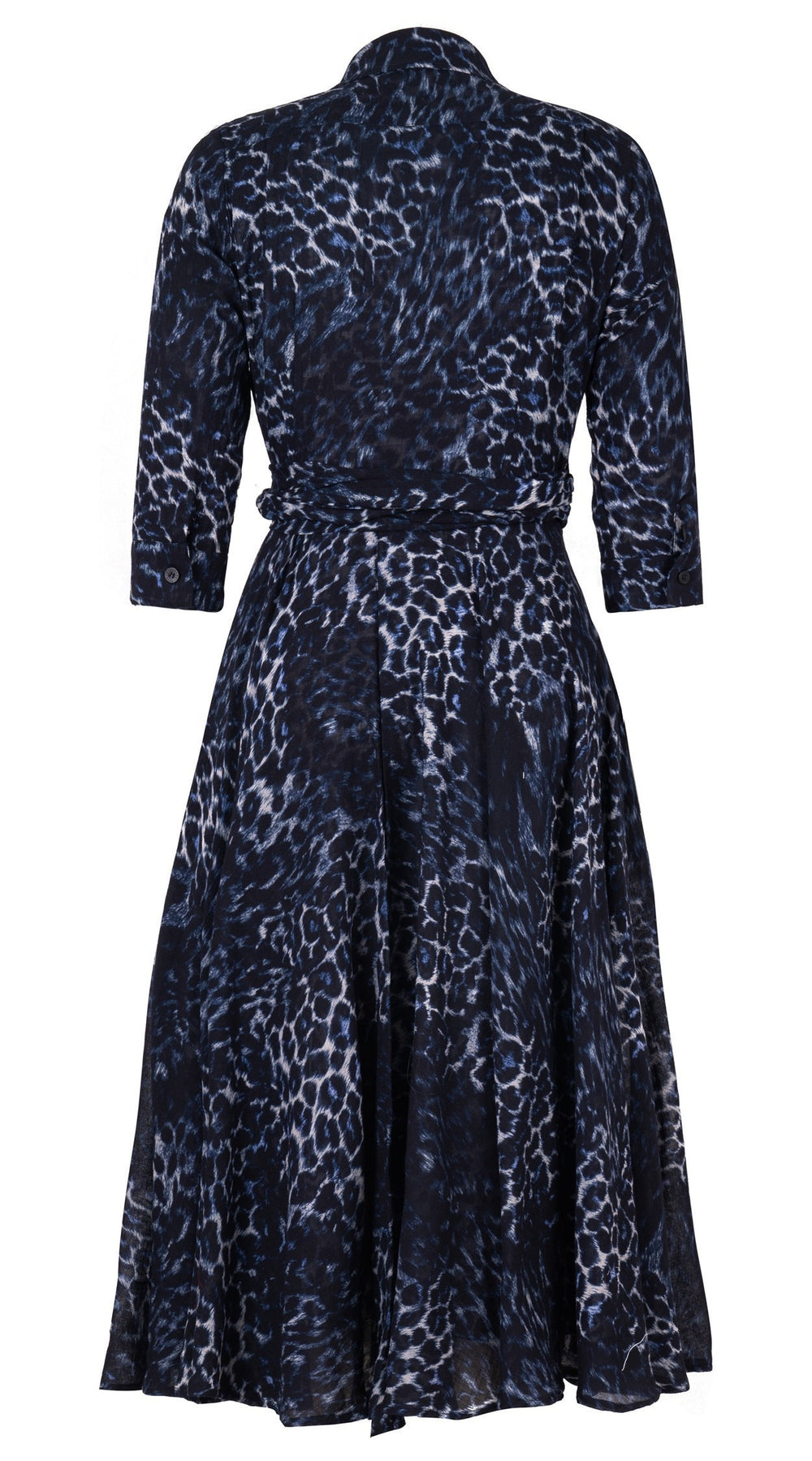 Olivia Dress Shirt Collar 3/4 Sleeve Midi Length Wool (Viper Leopard Big) - Midnight Blue