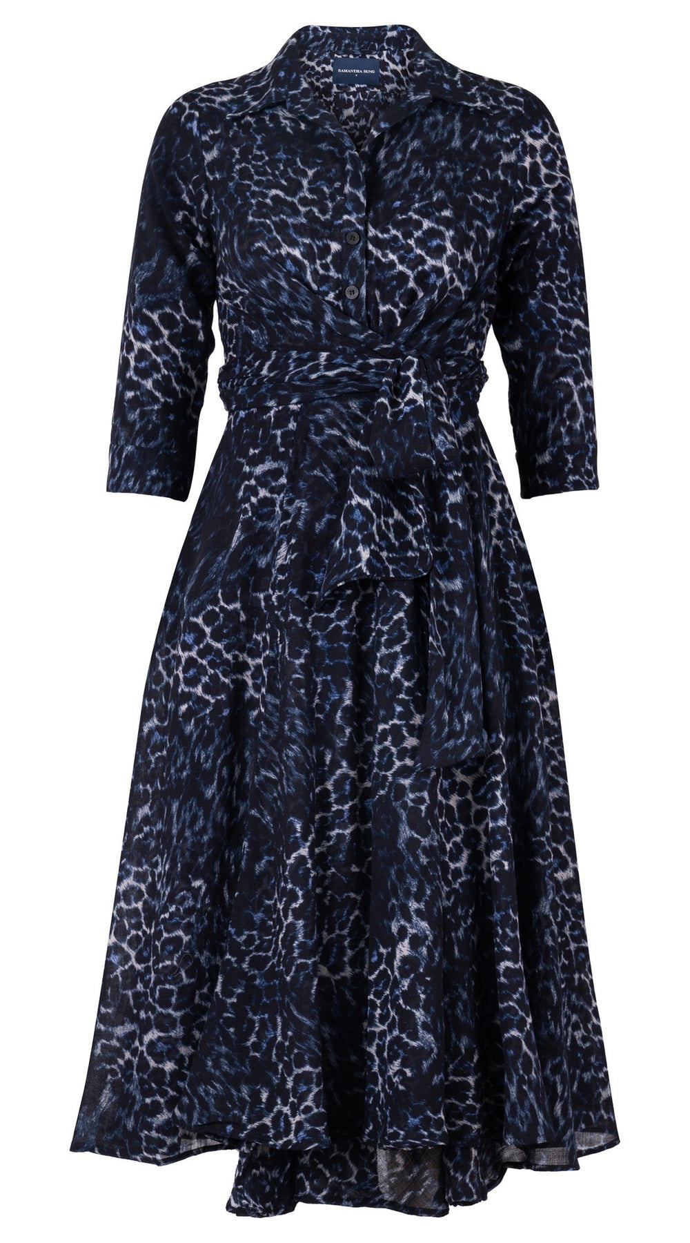 Olivia Dress Shirt Collar 3/4 Sleeve Midi Length Wool (Viper Leopard Big) - Midnight Blue