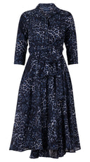 Olivia Dress Shirt Collar 3/4 Sleeve Midi Length Wool (Viper Leopard Big) - Midnight Blue